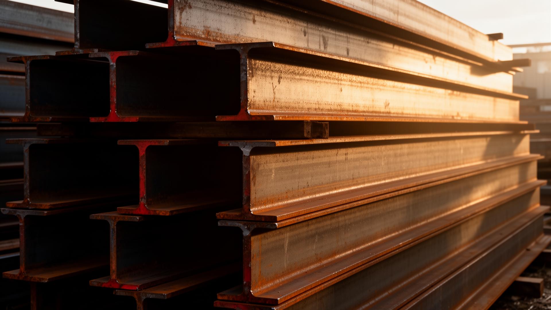 Stacked structural steel beams in a Norfolk yard at golden hour